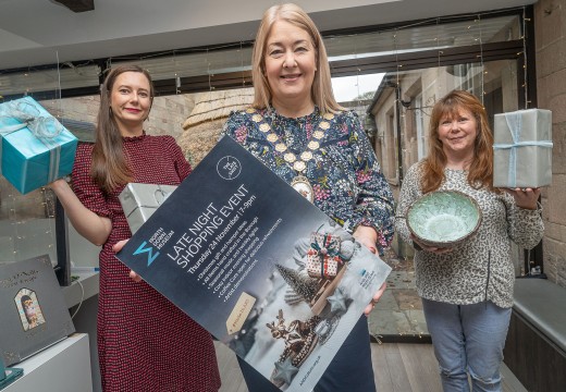 Eva Lynch (Development Officer at Northern Ireland Museum Council) with the Mayor of Ards and North Down, Councillor Karen Douglas, and local artist Ellen Cunningham.