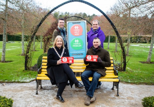 The Mayor of Ards and North Down, Councillor Karen Douglas, with Mark Cavanagh (South Eastern Health and Social Care Trust). Back row: Councillor Richard Smart (Mental Health Champion) and Selwyn Johnston (Action Mental Health).